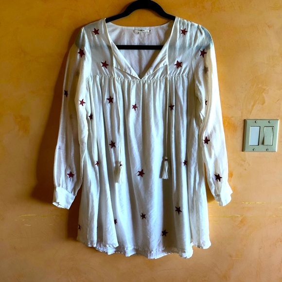 Tularosa Long Sleeve Cosmic Star Dress Silk and Cotton Ivory Colored Red Stars. - Picture 3 of 12